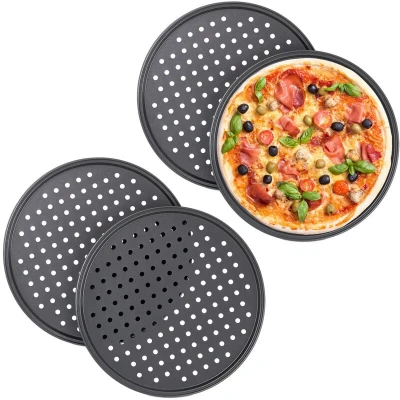 Image of Relaxdays 10030761 Pizza, Set of 4, Round, with Holes, Nonstick, Tarte Flambée, Carbon Steel, Dough Tray, ∅ 32 cm, Grey, Alloy