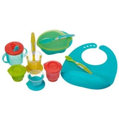 Image of Vital Baby Nourish Start Weaning Kit and Feeding Set Spoons, Pots, Bowl, Cup &amp; Bib Bright Colours Durable Materials BPA, Phthalate Latex Free Essential Led 10pcs