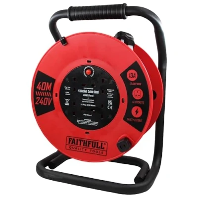 Image of Faithfull 40M Open Cable Reel, 4 Socket Extension Lead with Winding Handle 240V, 13A
