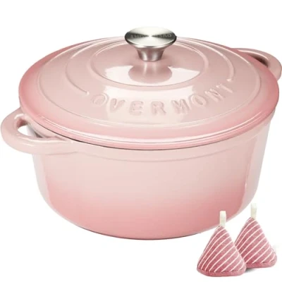 Image of Overmont 6.6L Enamelled Cast Iron Round Casserole Pot With Lid Cookbook &amp; Cotton Potholders Non stick Dutch Oven Cookware for Braising, Stews, Roasting, Bread Baking White, 28cm