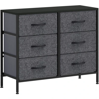 Image of HOMCOM Fabric Chest of Drawers, Storage Industrial Bedroom Dresser with 6 Steel Frame and Wooden Top for Nursery, Living Room, Hallway, Black