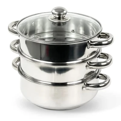 Image of 22CM 3 Tier Stainless Steel Induction Hob Steamer with Glass Lid Cookware Pot &amp; Pan Set