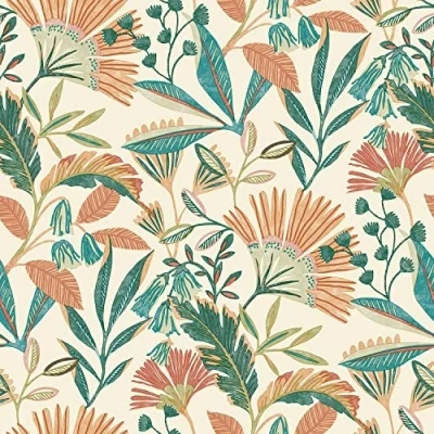 Image of Ciara Tropical Leaf Orange Green Wallpaper Botanical Floral Leaves Modern Contemporary Textured Vinyl Paste The Wall