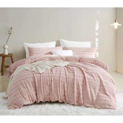 Image of Lanqinglv Plush Bed Linen 135 x 200 cm Faux Fur Pink Fluffy Winter Warm Cosy Flannel Fleece Cashmere Touch Flannelette Duvet Cover with Zip and 1 Pillowcase 80
