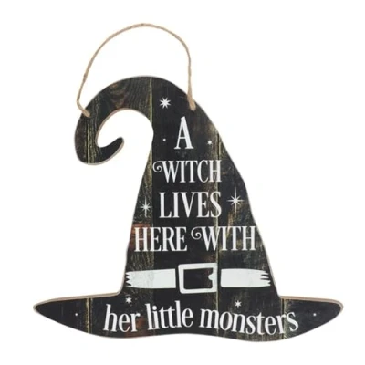Image of Enchanting Witch Hat Sign 30cm x 35cm (1 Pc.) &quot;A Lives Here with Her Little Monsters&quot; Whimsical MDF Hanging Decor Perfect for Halloween &amp; Everyday Charm