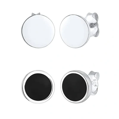 Image of Kuzzoi Men&#039;s Earrings Set Round (8 mm) Polished Stud with Black Enamel 925 Sterling Silver Earring for Men, 0305361722