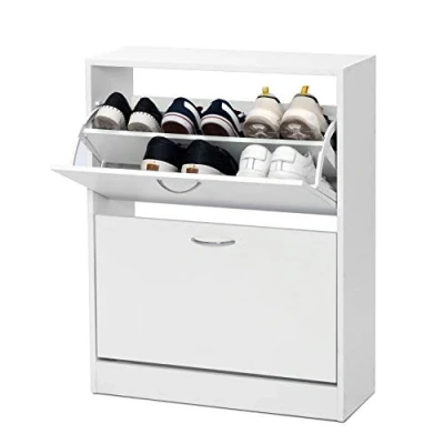 Image of Meerveil 2 Drawer Shoe Cabinet,wooden Cupboard,2 Tier Storage Cabinet, Modern Organizer for Hallway Living Room, 63 x 24 81cm(L W H), White