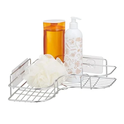 Image of Relaxdays Shower Corner Rack, Adhesive Bathroom Basket, Stainless Steel, Shampoo Shelf, HWD: 7 x 26.5 cm, Silver