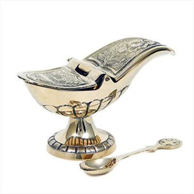 Image of NKlaus incense boat with hinged lid and spoon solid brass polished 2942