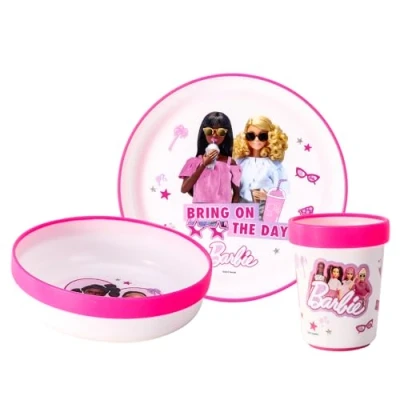 Image of Barbie 3pcs Reusable Bicolor Premium Kids Dinner Tableware Set Plate, Bowl &amp; Tumbler, BPA Free