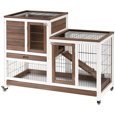 Image of PawHut Wooden Indoor Rabbit Hutch Guinea Pig House Bunny Small Animal Cage W/Wheels Enclosed Run 110 x 50 86 cm, Brown