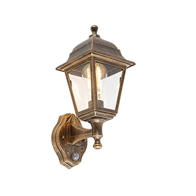 Image of Qazqa Outdoor Antique Wall Lamp I Light Gold IP44 with Motion Detector Capital Garden Classic Suitable for LED E27 1 Polyester