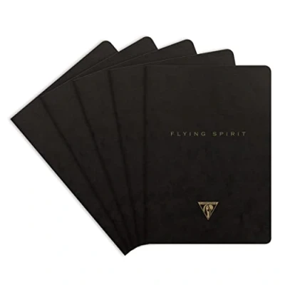 Image of Clairefontaine 102536C A pack of 5 Flying Spirit thread stitched notebooks 96 ivory pages 14.8x21 cm 90g lined, black glossy card cover, assorted pattern