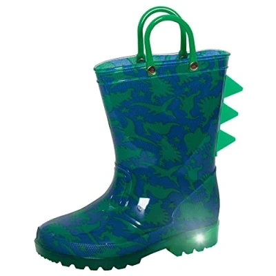 Image of ScruffyTed Kids Light Up Dinosaur Wellington Boots Boys Wellies with Handles and Flashing Lights Dino Rain Shoes Green/Blue 8 UK Child