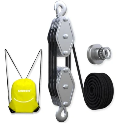 Image of KITUYOTO Block and Tackle Pulley System, 2200 LBS Breaking Strength System for Lifting Heavy Objects, 50 Ft 3/8&quot; Rope Hoist, 5:1 Power Hoist(Black)
