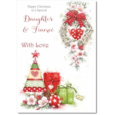 Image of doodlecards Daughter &amp; Fiance Christmas Card Heart Decorations Medium Size with Plain Red Envelope