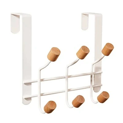 Image of HYMIKO Over The Door Hooks,Sturdy Metal Organizer Rack with 6 Wooden Hooks for Hanging Coats Hats Robes Towels,Bathroom Bedroom Hangers White