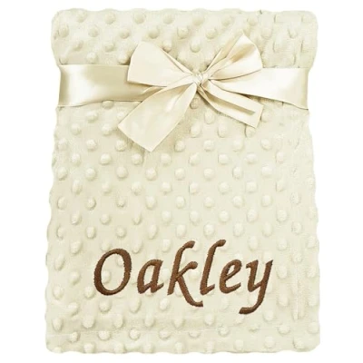 Image of Baby Boy Girl Personalised Blanket Embroidered Name Bobble Star (Beige Bobble)