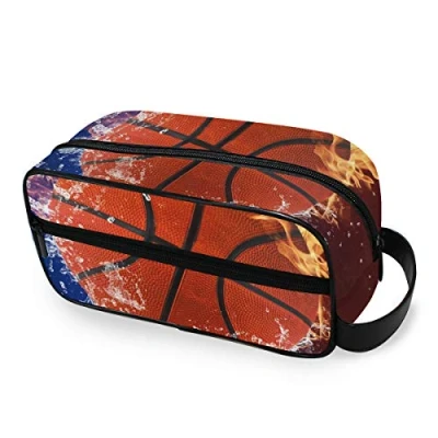 Image of Moyyo Basketball in Fire Water Toiletry Bag Portable Wash Travel Hanging Cosmetic Gym Camping for Women Mens Girls Kids