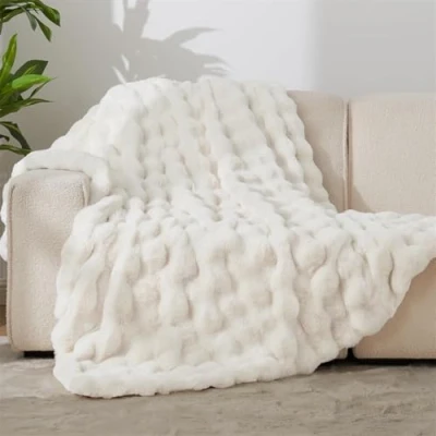 Image of FASCINATDECO Soft Warm Rabbit Plush Fleece Throw Blanket Thick 1000 GSM Throws for Sofas Large Fluffy Bed Couch Travel Kids Decor, White, 130x160cm