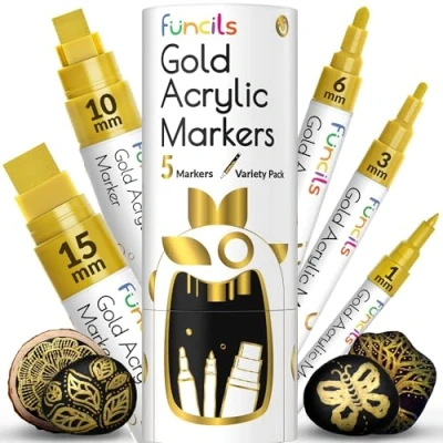 Image of Funcils 5 Acrylic Gold Paint Pen Metallic Marker for Wood, Fabric, Canvas, Leaf, Tire, Metal, Glass Fine Tip, Thin Point &amp; Jumbo (1mm, 3mm, 6mm, 10mm, 15mm)