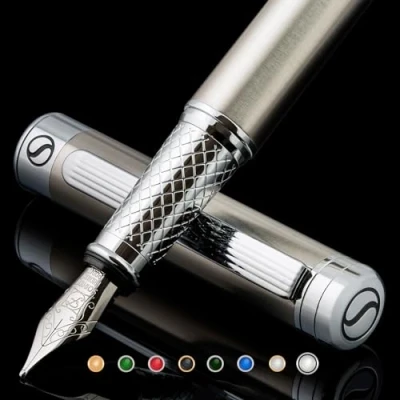 Image of Scriveiner Stainless Steel Fountain Pen Stunning Luxury with Finish, Schmidt Nib (Fine), Best Gift Set for Men &amp; Women, Professional, Executive Office, Nice Designer Pens