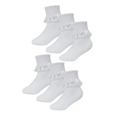 Image of 6 Pack Baby Girl Frilly Lace Socks Sock Snob Cotton Fancy for Toddler (6 12 Months, White)