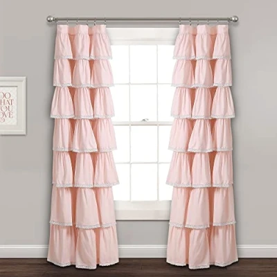 Image of Lush Decor Lace Ruffle Curtain Shabby Chic Farmhouse Style Window Panel for Living Room, Dining Bedroom (Single), 84 x 52, Blush
