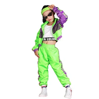 Image of LOLANTA 3pcs Girls Hip Hop Clothes, 80&#039;S Retro Colorblock Tracksuit, Crop Tank Top, Zipper Jacket, Jogger Trousers, Green, 4 5 Years, 110