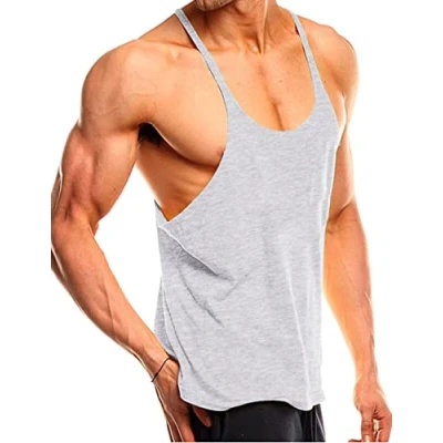 Image of Muscle Alive Mens Gym Stringer Singlet 1cm Strap Stretchy Bodybuilding Workout Tank Top Cotton PLN Grey S
