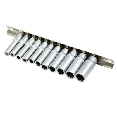 Image of Dapetz ® 11Pc 1/4&quot; Drive Deep Socket Set Chrome Vanadium for Increased Durability Metric 4 13mm On Metal Rail Cr v Long Reach 6PT Hex Quick and Convenient Storage