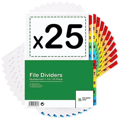 Image of File Dividers A4, 10 Part Folder for Ring Binders &amp; Lever Arch Files, Binder Subject (25 Pack)