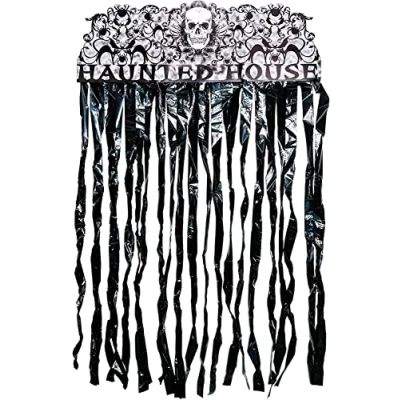 Image of SHATCHI Door Black Shiny Tinsel Foil Fringe Curtains for Halloween Decoration Haunted House 90cm x 170cm