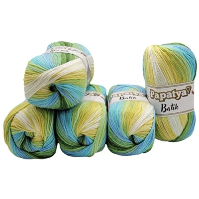 Image of 5 x 100 g Papatya Batik Knitting Yarn Multicoloured with Colour Gradient 500 Colourful (Blue Green Yellow White 554 17)