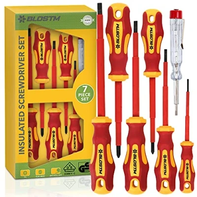 Image of BLOSTM Precision Insulated Screwdriver Set 7pcs VDE Tested Electrical to 1000V, Hardened Black Point Magnetic Tipped Electricians (7 PCS)