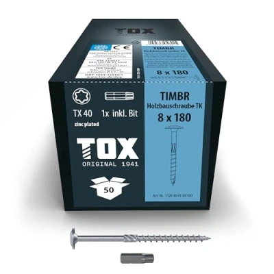 Image of TOX Timbr TK 1120804180180 Wood Screws 8.0 x 180 mm, Blue Galvanised with Flat Head, TX40, for Easy Screwing and High Load Capacity in Construction, Pack of 50 Box Including 1x Bit