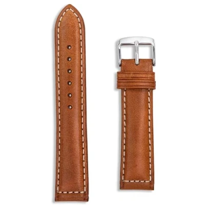 Image of Italian Leather Watch Strap Navy Blue 20mm Sorrento Oiled Band White Stitching Gold Silver Buckle Spring Bars and Tool Included 20