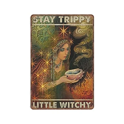 Image of DAIERCY Witch Stay Trippy Little Witchy Tin Signs Funny Vintage Metal Sign Plaqu Poster Wall Art Pub Bar Kitchen Garden Bathroom Home Decor, 140 X 200 mm