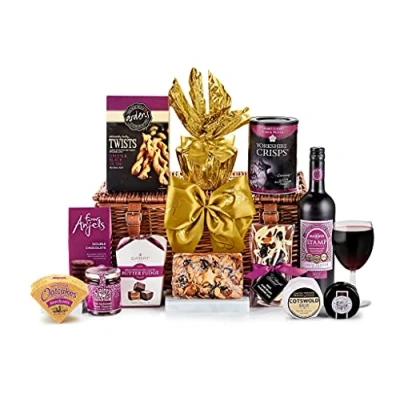 Image of Classic Red Wine and Cheese Gift Set Cambridge Hamper with Mature Cheddar, Organic Brie, Chocolate Biscuits Gifts, Hampers for Women, from Regency