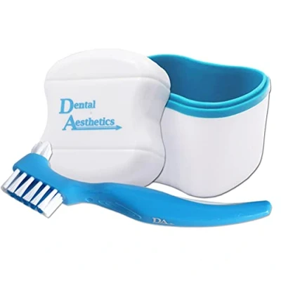 Image of Denture Bath &amp; Brush Storage Container for Soaking Dentures, with Double Bristle Head (Blue Bath, Blue Brush)