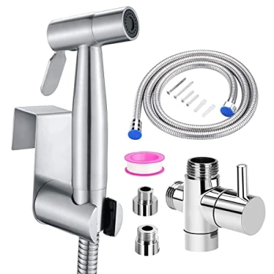 Image of Stainless Steel Hand Shower Bidet Toilet Spray with 3 Way Valve (1/2&quot; 3/8&quot;) Perfect for Personal Hygiene, Cleaning Care