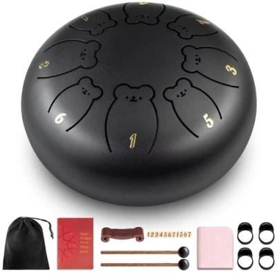Image of CAHAYA Steel Tongue Drum: 6 Inch 8 Notes Hand Drum with Music Book, Mallets, Finger picks and Carry Bag CY0359