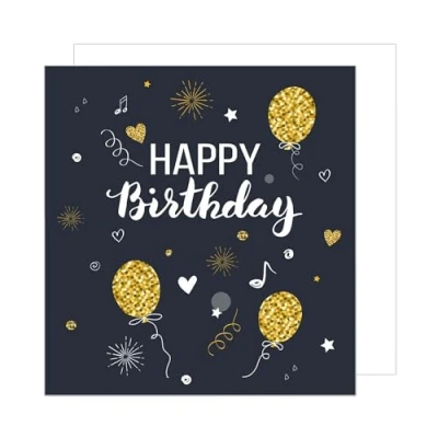 Image of Edition Seidel Premium Square Birthday Card with Envelope Happy For Him Her Balloons Hearts Black Gold (GQ103)