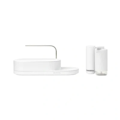 Image of Brabantia SinkStyle Organiser Set of 3 with Organiser, Soap Dispenser, and Squeezer Compact Design, Drip Tray Airflow, Non Skid Mineral Fresh White