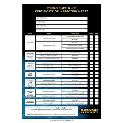 Image of Martindale Electric MARPATCERTS PAT Testing Certificate Pad