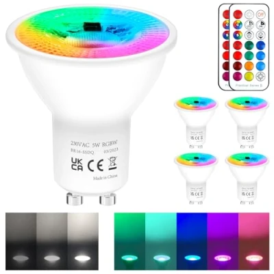 Image of REYLAX GU10 Colour Changing LED Bulbs Dimmable 50 Watt Equivalent with Remote 5W Spotlight Cool White 12 Colours RGB Spot Lights 5 Modes Timer for Atmosphere and Daily Lighting Pack of 4