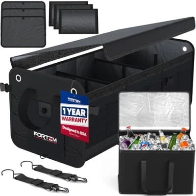 Image of FORTEM Car Boot Organiser, Tidy, Storage, Collapsible Multi Compartment Non Slip Bottom, Adjustable Securing Straps, Soft Cover (3 Compartments w/Cooler, Black)