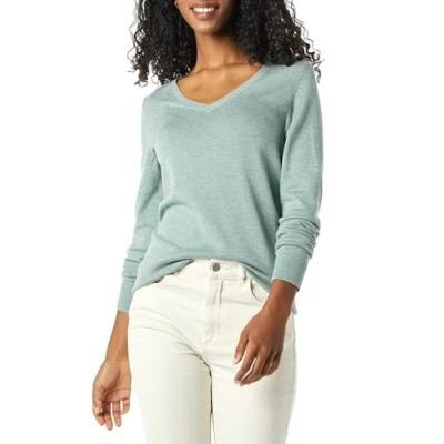 Image of Amazon Essentials Women&#039;s Classic Fit Lightweight Long Sleeve V Neck Jumper (Available in Plus Size), Sage Green Heather, XL
