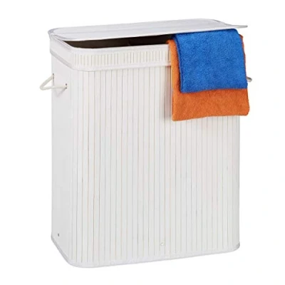 Image of Relaxdays Lidded Laundry Hamper, 2 Compartments, Partitioned Bag, Ventilated, 72 litres, Bamboo Basket, White, 62 x 55 35 cm