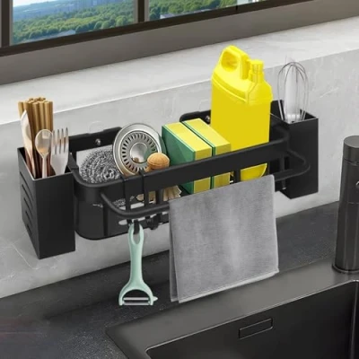 Image of Stainless Steel Kitchen Sink Organizer Hanging, No Drilling Sponge Holder with 2 Chopstick Holders and Hooks, Caddy Towel